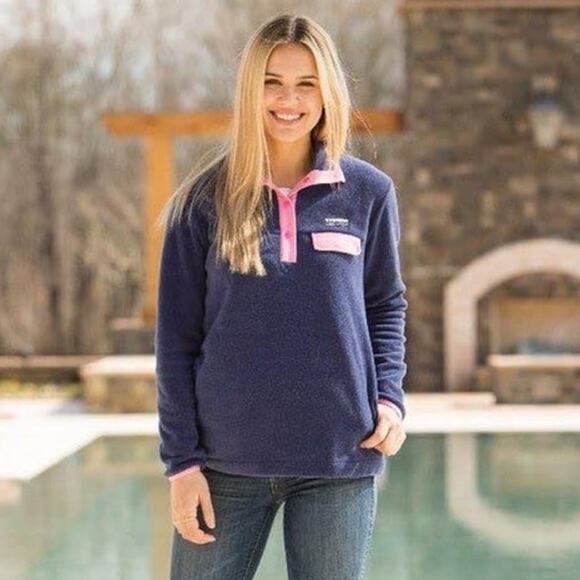 Simply Southern Navy & Light Pink Fleece Pullover Quarter Snap Size M - Picture 1 of 11